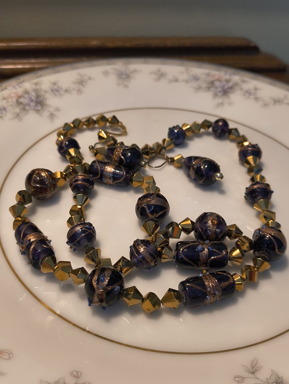 Vtg Artisan Long Navy Blue Gold Lampwork Beaded Necklace Earrings Set Glass